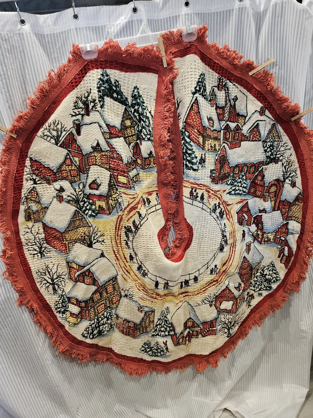 Vintage-Style Red Holiday Tree Skirt w/ Winter Village Scene Waffle Knot Fringe